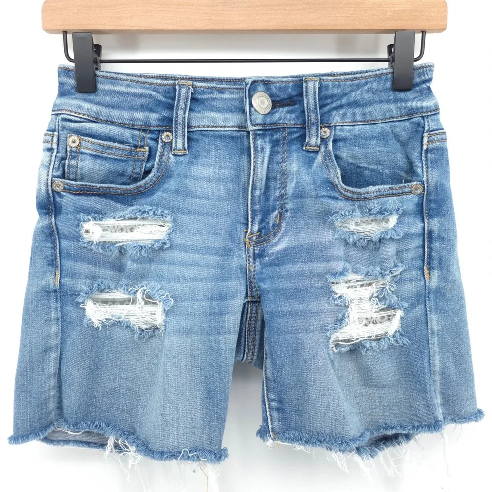 American Eagle‎ Womens Denim Midi Shorts 4 Blue Distressed Raw Hem Cutoff
